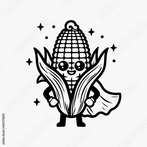Cartoon Corn Superhero with Cape Smiling Face and Sparkling Stars.