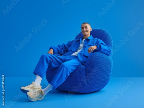 Fashionable man dressed in blue clothing and beige sneakers, sitting comfortably on a blue armchair in a vibrant blue monochrome room, smiling brightly while looking at the camera