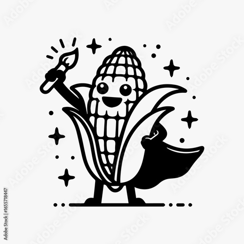 Cheerful Corn Superhero with Brush Cape and Sparkling Starbursts.
