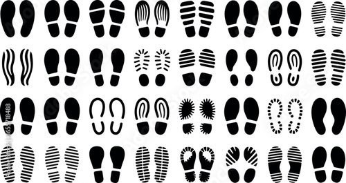 Collection of diverse shoe print patterns showcasing various sole designs and textures in black and white