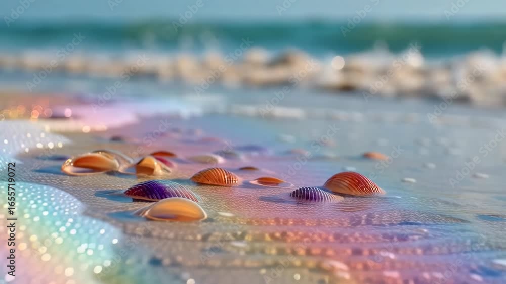 Colorful Shells on Glittering Beach Sand by Gentle Waves Under Bright Sunlight Colorful Shells on Glittering Beach Sand by Gentle Waves Under Bright Sunlight