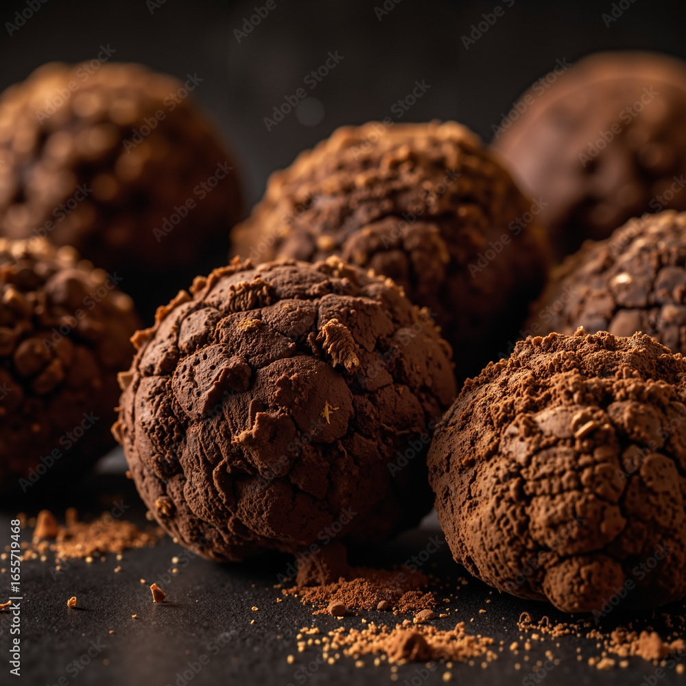 Fototapeta premium Homemade chocolate truffles dusted with cocoa powder on a dark surface