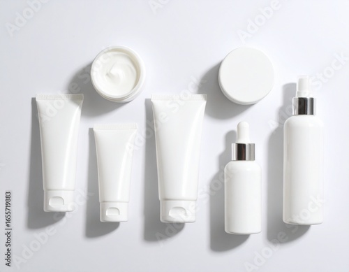 Wallpaper Mural Clean flat lay of white cosmetic packaging mockups. Blank tubes, jars, and dropper bottles for beauty and skincare branding concepts. Torontodigital.ca