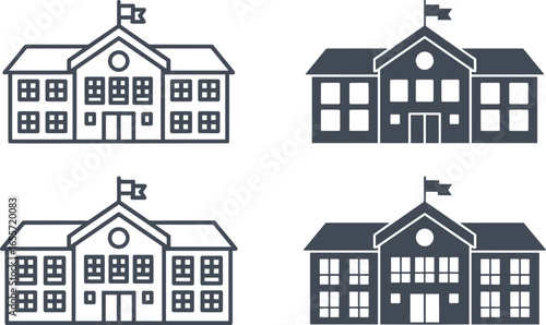 Classic school building icons in outline and silhouette styles for educational design