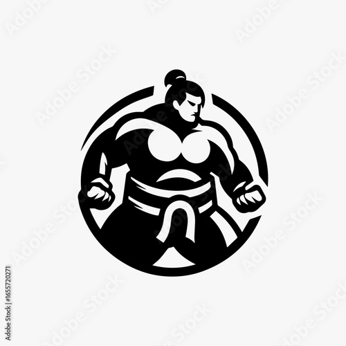 Monochrome Sumo Wrestler in Ready Stance within a Circular Frame.