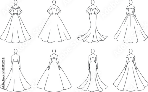 Elegant bridal gown sketches showcasing diverse silhouettes and intricate detailing for wedding dresses