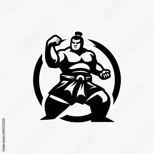 Powerful Sumo Wrestler in Striking Pose with Traditional Topknot and Mawashi.