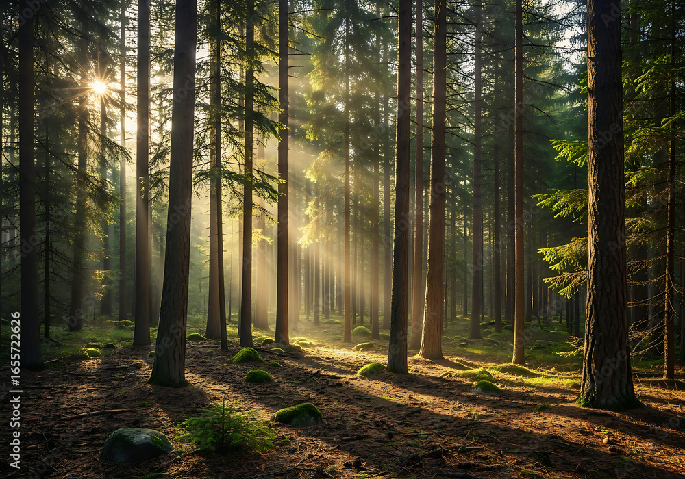 Obraz premium Panoramic View of Dense Pine Forest with Morning Light