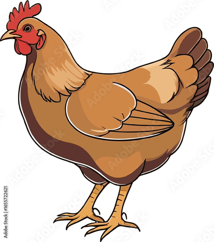 Brown chicken standing looking left suitable for farm websites, animal blogs, agriculture brochures, poultry business logos, ruralthemed designs.