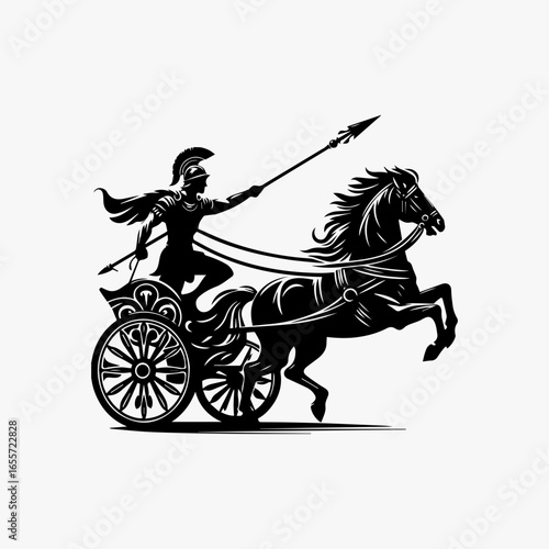 Roman Chariot Race Warrior in Action Black Silhouette Illustration.