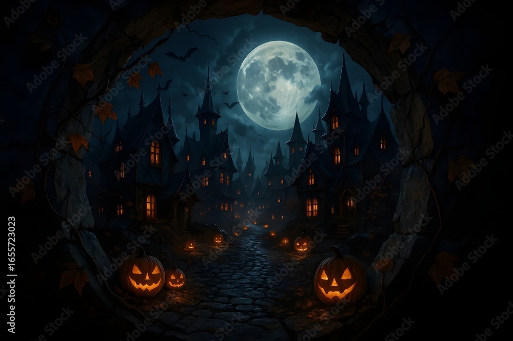 Fototapeta premium Spooky Halloween Village at Night with Pumpkins and Full Moon