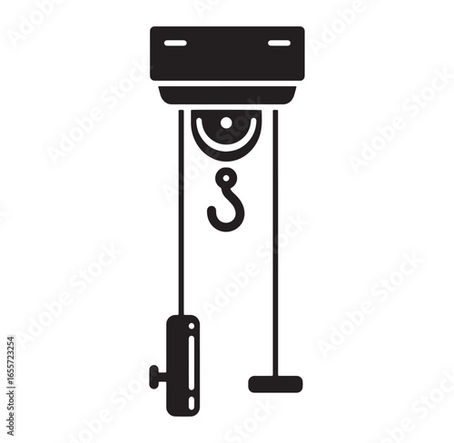 Black and white illustration of a ceiling mounted hoist and lifting apparatus symbol