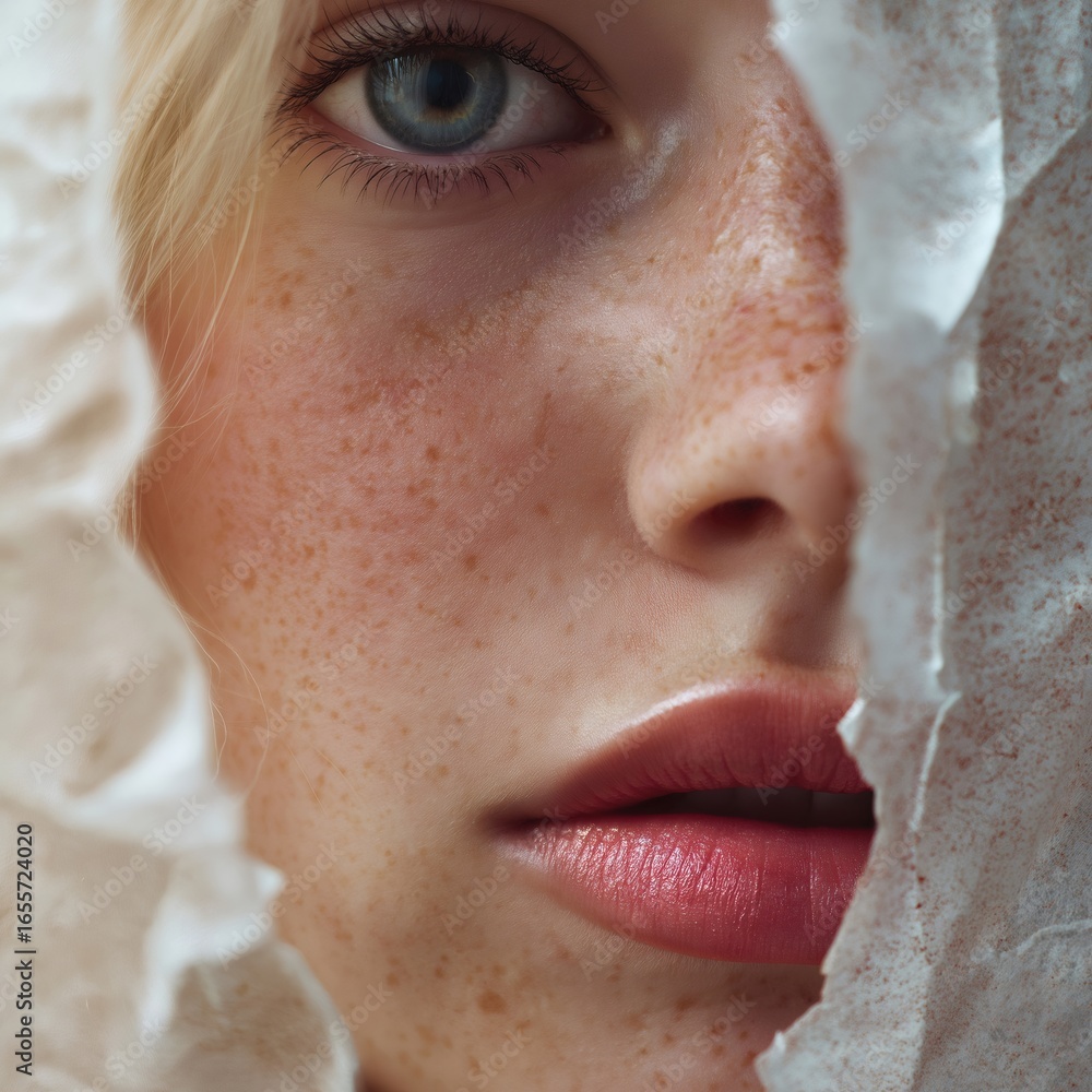 Fototapeta premium Close up beauty portrait featuring a young caucasian woman with striking blue eyes. Freckles. And delicate pink lips. Partially obscured by torn white paper. Creating a sense of mystery and intrigue