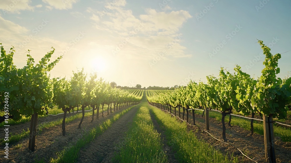 Naklejka premium Idyllic Vineyard Vista: Rows of Vines Under a Golden Sunset Landscape