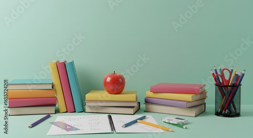 Wallpaper Mural Colorful Stack of Books with Apple and Stationery Items on a Pastel Green Background Torontodigital.ca