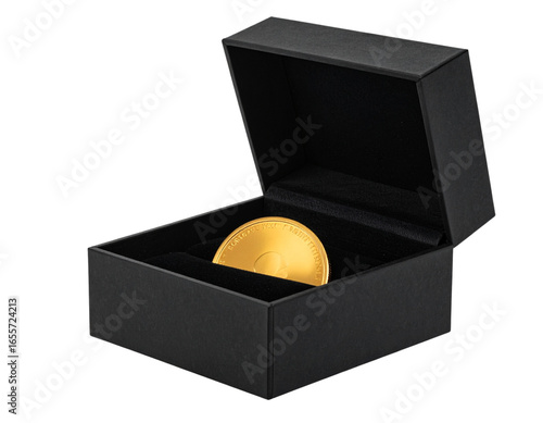  Gold coin in an open black presentation box isolated on transparent background PNG