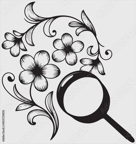 Botanical Illustration with Magnifying Glass Detailed Floral Design and Elegant Lines for Creative Projects and Visual Appeal