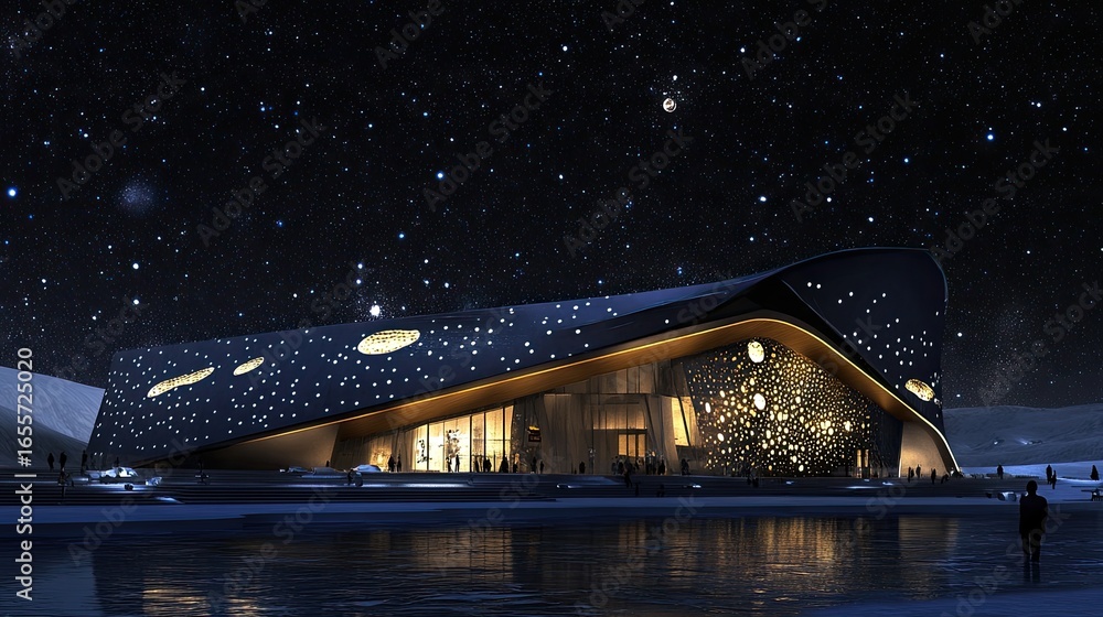 Fototapeta premium Futuristic Astronomical Observatory Building Under a Starry Night Sky with Reflecting Water