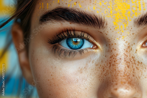 Closeup Freckled Face with Vivid Blue Eye and Yellow Accents