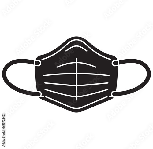 Black and white simple illustration of a medical face mask for protection and safety