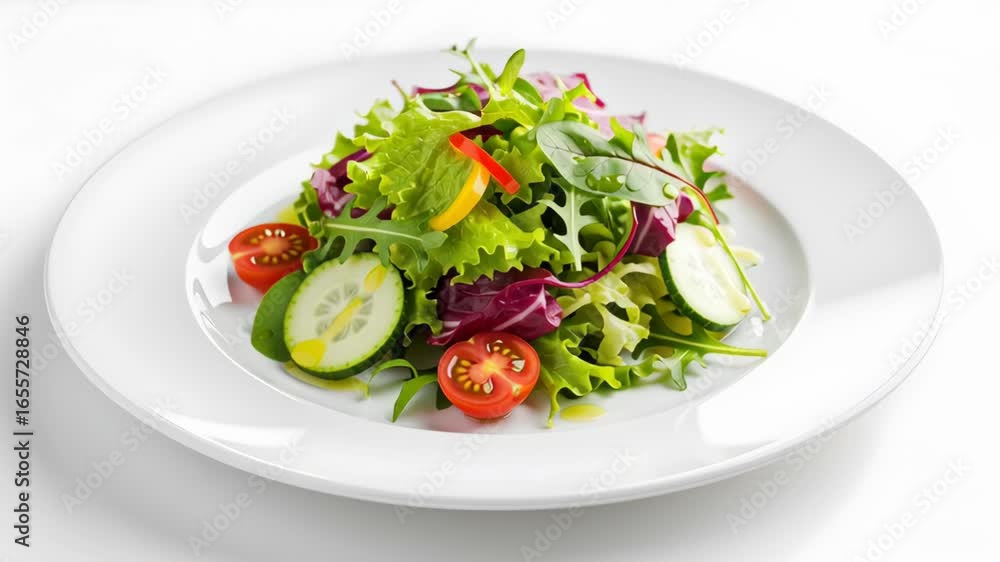 Vibrant Mixed Green Salad with Tomatoes and Cucumbers on White Plate Vibrant Mixed Green Salad with Tomatoes and Cucumbers on White Plate