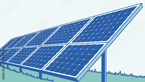 Illustration of a large solar panel array on a grassy surface at an angle against a light background
