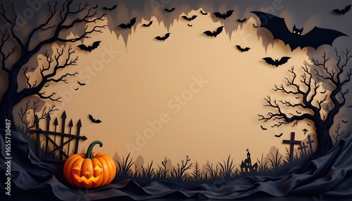 A Halloween themed backdrop, which is commonly used as a photo booth background for parties. It features silhouettes of graveyard elements such as tombstones, skeletons, and bats