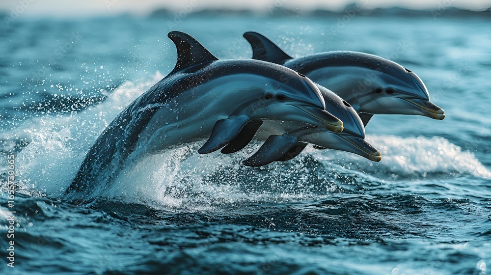 Obraz premium Three dolphins leaping from ocean waves.