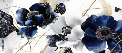 Gilded Anemones: Abstract Navy, White, and Gold Floral with Terrazzo Textures