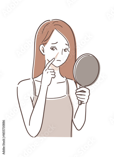 手鏡を見てほうれい線が気になる女性のイラスト素材