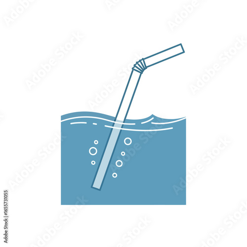 Simple vector icon of a plastic drinking straw in a glass of blue, bubbly liquid. Minimalist line art illustration of a cold, fizzy soda or water refreshment.