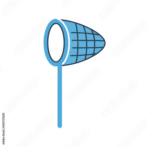 Stylized butterfly net vector icon. Simple blue scoop net illustration for entomology, hobby, and nature exploration concepts.