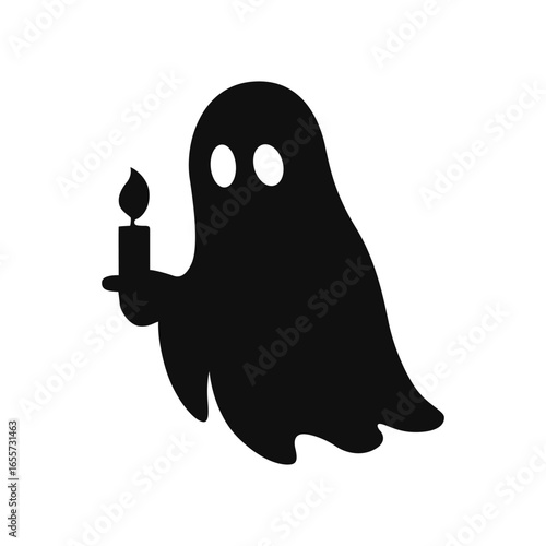 A solid black silhouette of a ghost holding a lit candle, symbolizing a lost or mournful spirit.