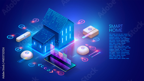 Smart home technology isometric concept. Smart home automation. Phone controls icons home electronics devices. Smart home controlled smartphone. IOT.