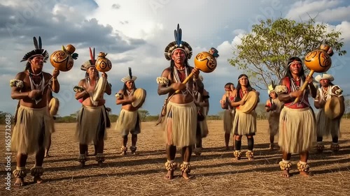 Indigenous dancers perform traditional rituals in a vibrant outdoor setting under a cloudy sky