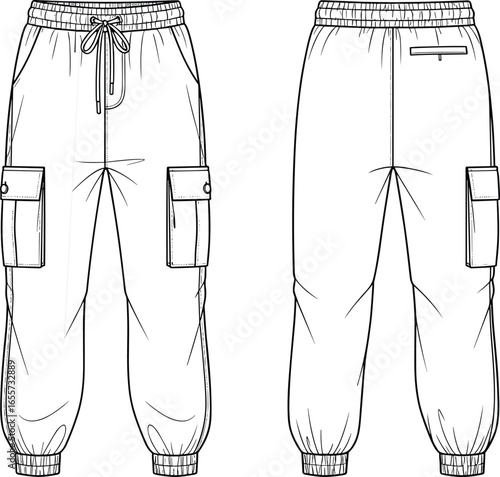 Flat vector fashion sketch of men’s cargo jogger pants with drawstring waist, elastic cuffs and pockets