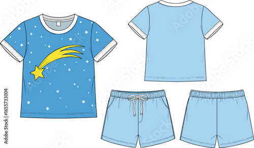 Kids pajama set vector illustration, short sleeve t shirt and shorts, nightwear design with shooting star print