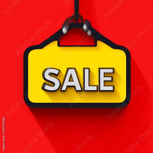 Yellow sale sign hanging on a red background.