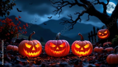 Wallpaper Mural An autumnal Halloween night scene with four jack o' lanterns and a haunted backdrop featuring a tree, gravestones, and a moonlit sky. Torontodigital.ca