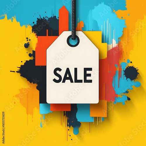 Sale tag with vibrant color splashes.