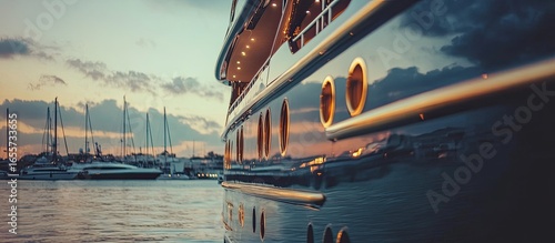 Gleaming Superyacht Hull Reflecting the Serene Twilight Sky in a Luxury Marina