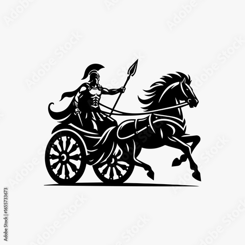 Spartan Warrior Leading War Chariot in Bold Silhouette.
