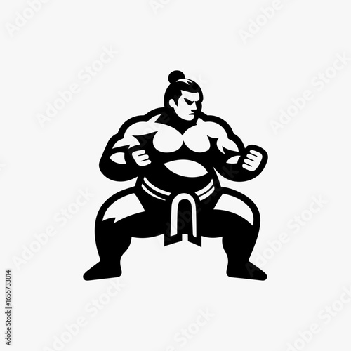 Sumo Wrestler in Ready Stance Bold Black and White Silhouette.