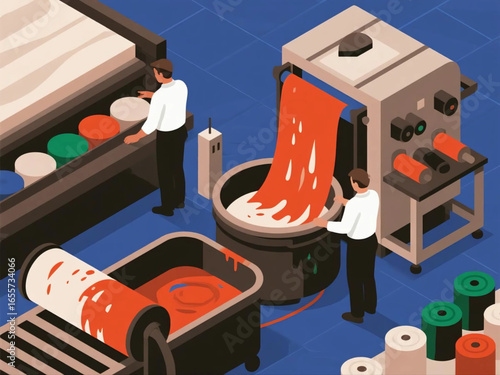 Vector isometric design of textile dyeing process with large vats of color, workers handling fabrics, industrial setting