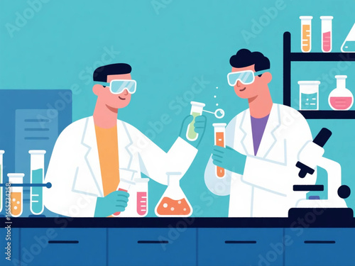 Vector flat design of scientists in a pharmaceutical laboratory testing chemical compounds, wearing lab coats and safety goggles