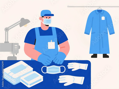 Vector flat design of workers manufacturing protective equipment such as masks, gloves, and medical gowns, clean minimal style