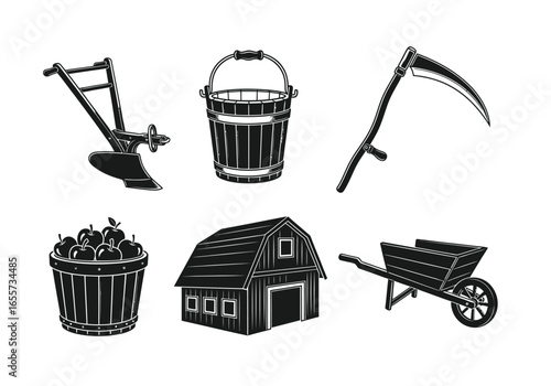 Set of Farm Tools and Equipment Silhouettes.