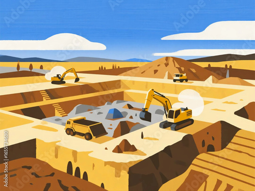 Vector illustration of an open-pit mining site with excavators, dump trucks, and terraced layers of soil, flat design, bright earthy colors