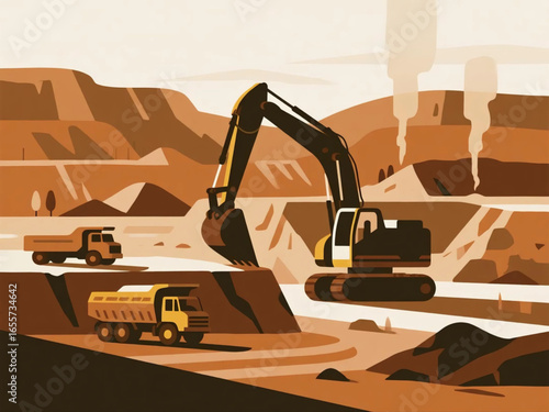 Vector illustration of an open-pit mining site with excavators, dump trucks, and terraced layers of soil, flat design, bright earthy colors