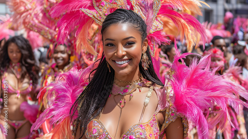 Beautiful dancer in feathered costume smiling at Brooklyn West Indian Day Festival parade, showcasing vibrant Caribbean culture, dance, and tradition with pink carnival feathers and accessories.